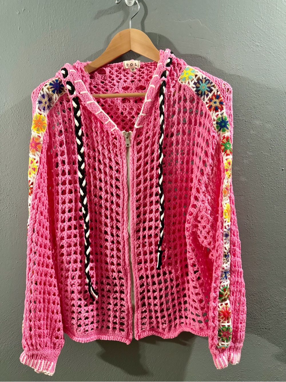 NWOT. POL Pink Crochet Open-Knit Zip Hoodie with Embroidered Trim